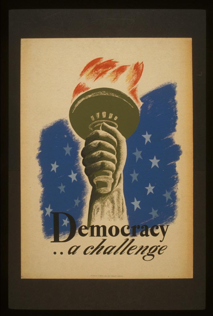 WPA poster: Democracy, a challenge — the hand and torch of the Statue of Liberty against a field of stars