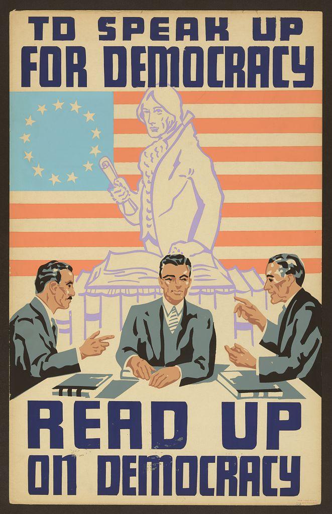 WPA poster: To speak up for democracy, read up on democracy — three readers in front of a Jefferson statue and an American flag