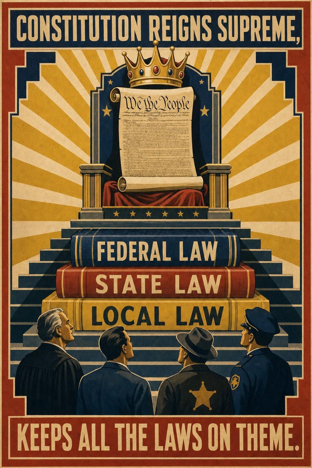 Memory-hook poster: Constitution reigns supreme, keeps all the laws on theme.