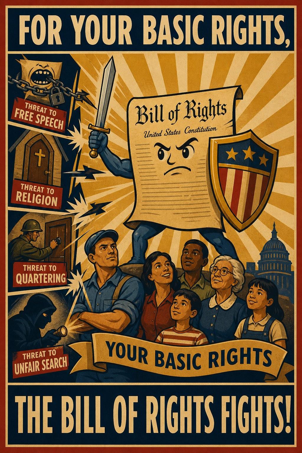 Memory-hook poster: For your basic rights, the Bill of Rights fights!