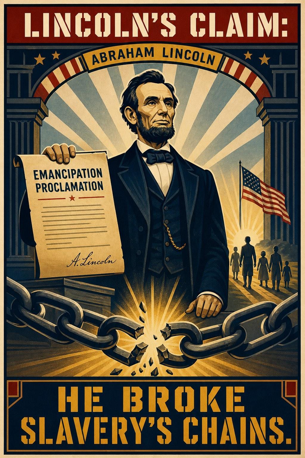 Memory-hook poster: Lincoln's claim: he broke slavery's chains.